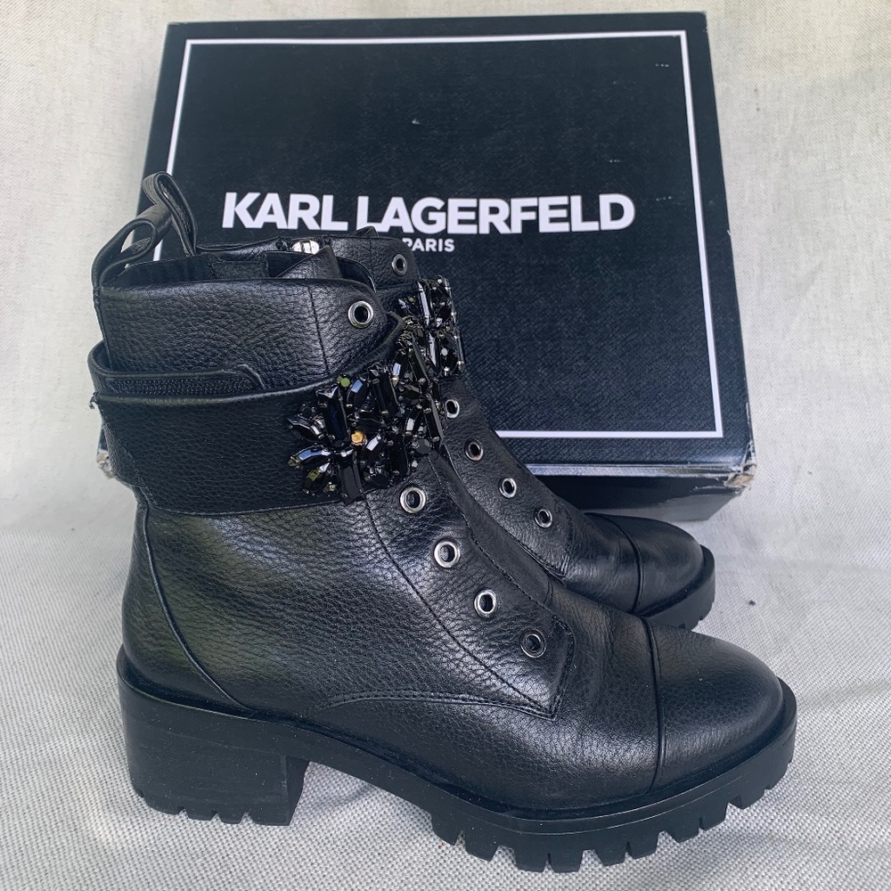 Karl Lagerfeld Paris black leather “Pippa” bejeweled ankle boots-5.5-NIB